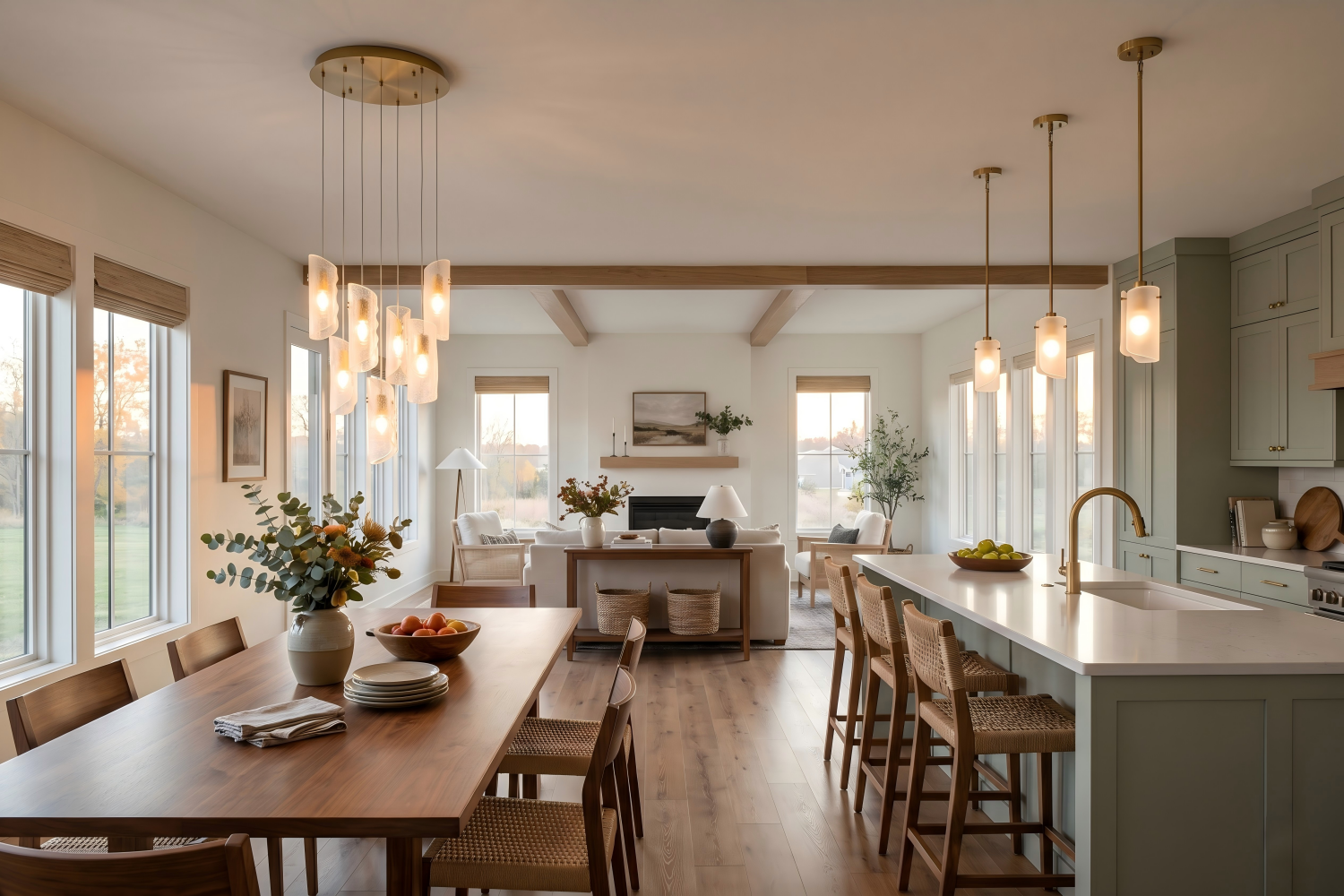 Modern farmhouse open-concept kitchen and dining room with a modern glass chandelier over the table and coordinating pendant lights above the island