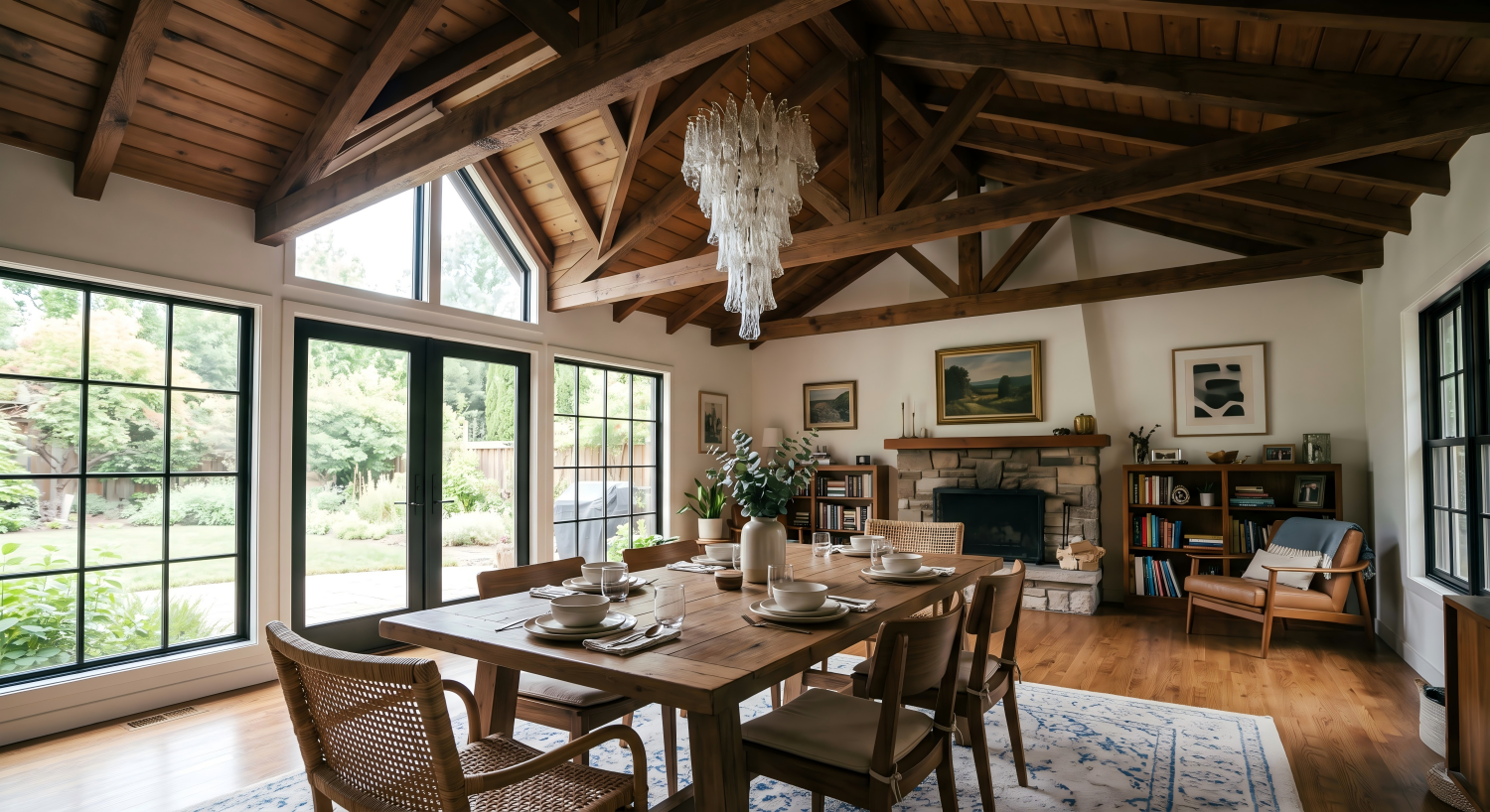 Chandelier hanging perfectly straight from a sloped vaulted ceiling above a dining table