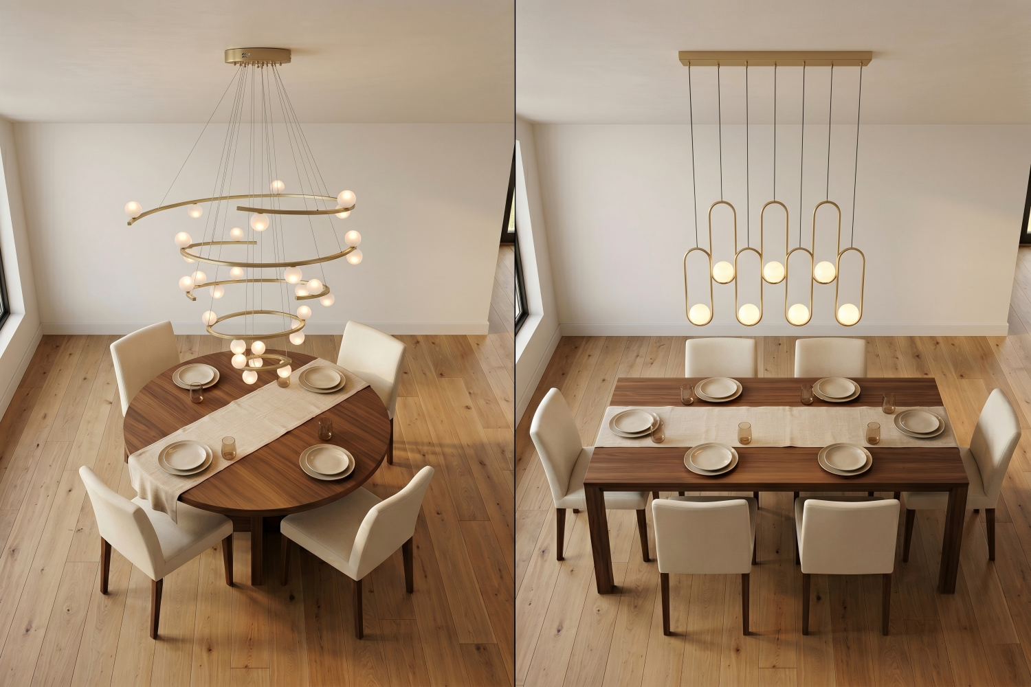 Chandelier shape guide comparison: round half-ring chandelier above a round walnut dining table and linear opal glass chandelier above a rectangular walnut dining table