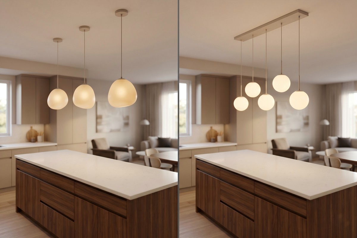 Linear multi-light glass globe chandelier over a modern walnut kitchen island