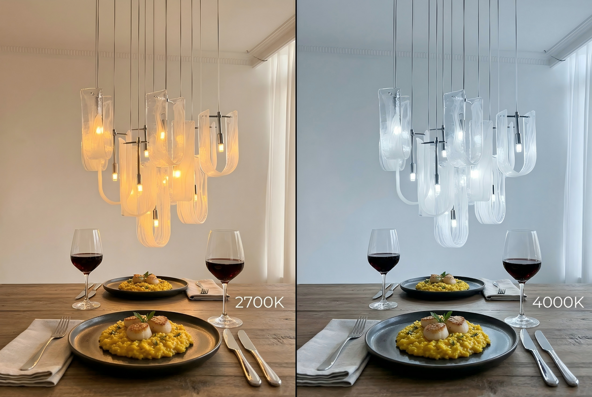 Dining room chandelier color temperature comparison — 2700K warm white light on the left versus 4000K cool white light on the right, showing the difference in ambiance and food appearance over a dinner table