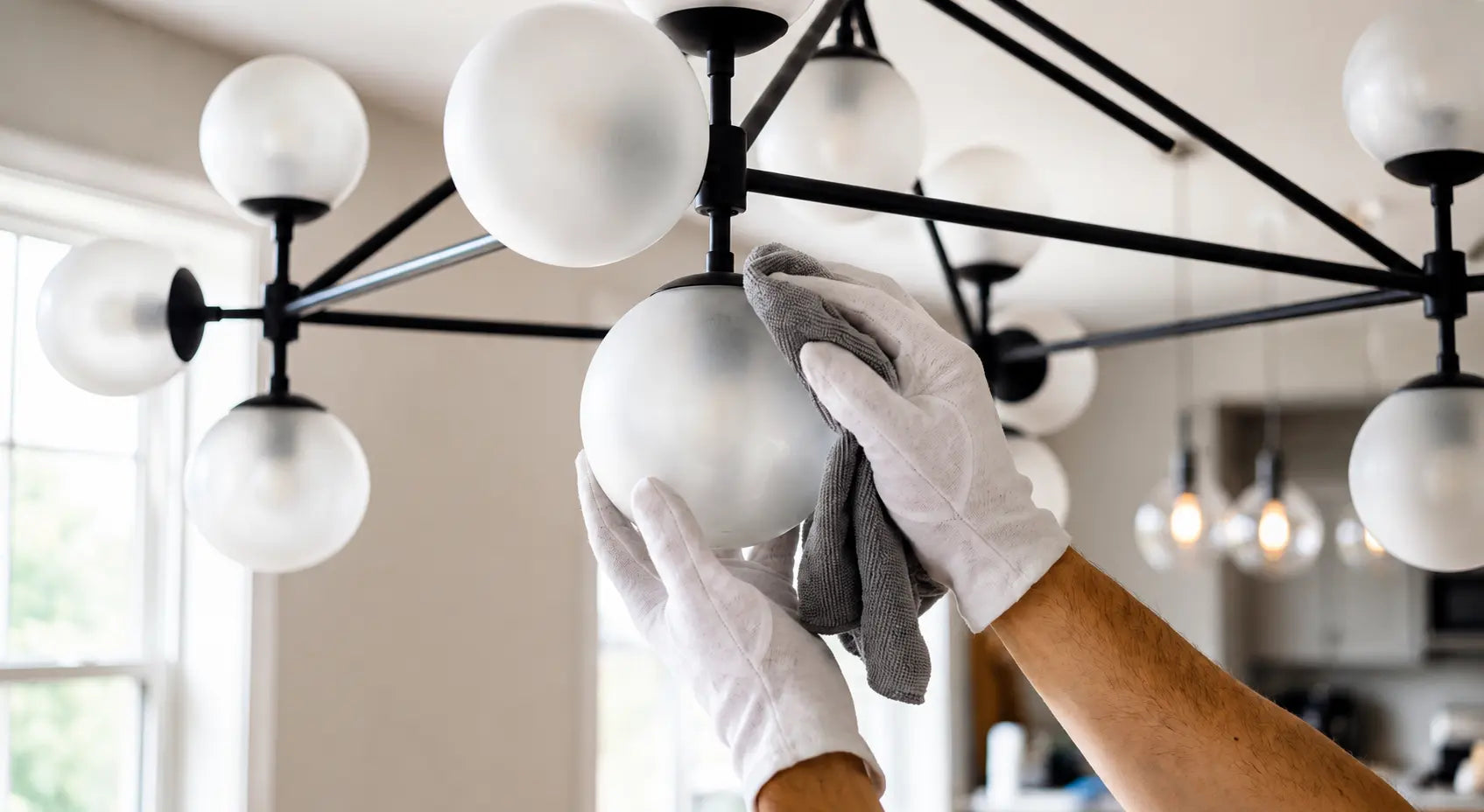 Gloved hand gently wiping a frosted glass chandelier globe with a microfiber cloth
