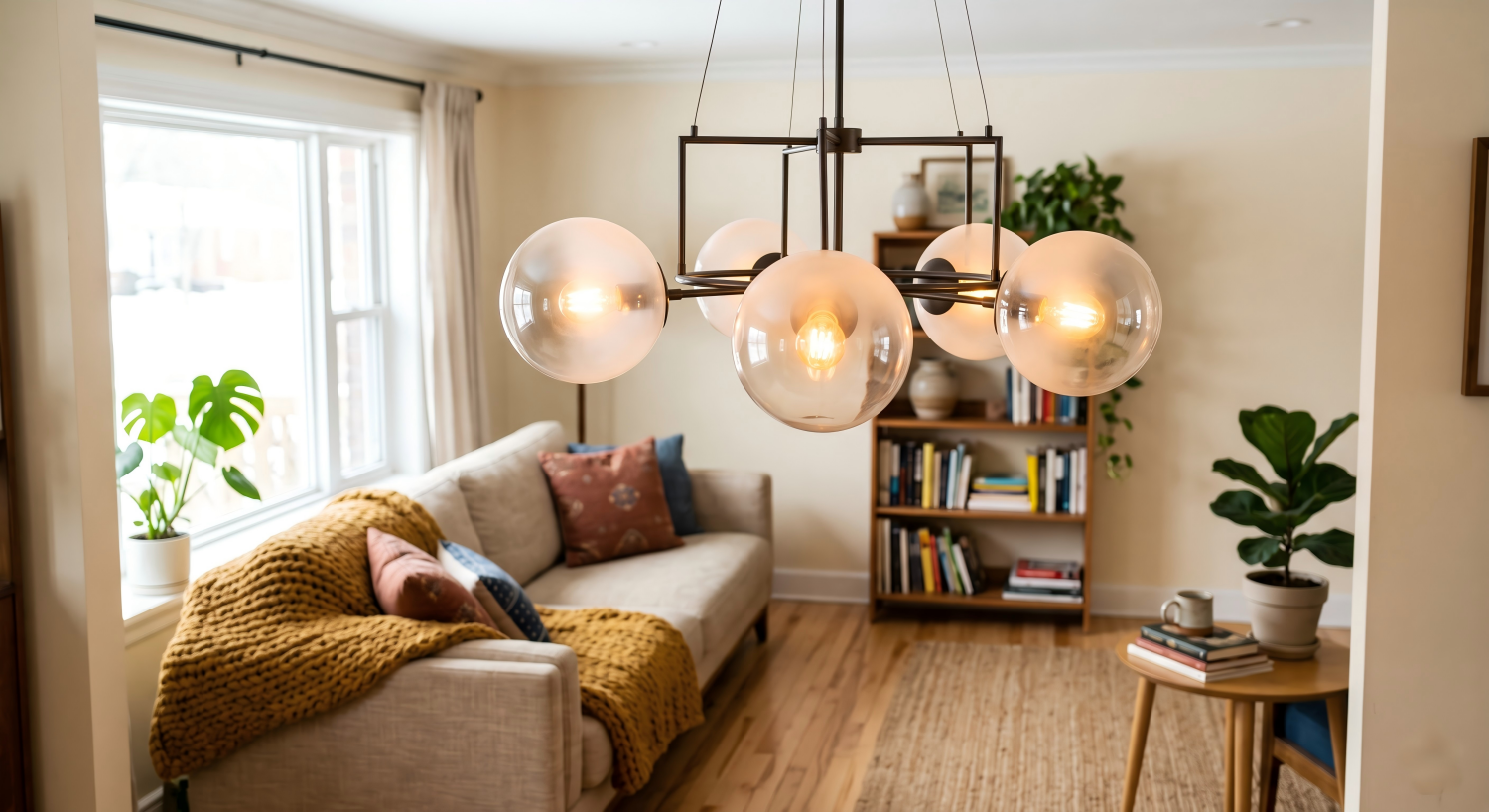 Modern frosted-glass globe chandelier glowing in a warm lived-in living room