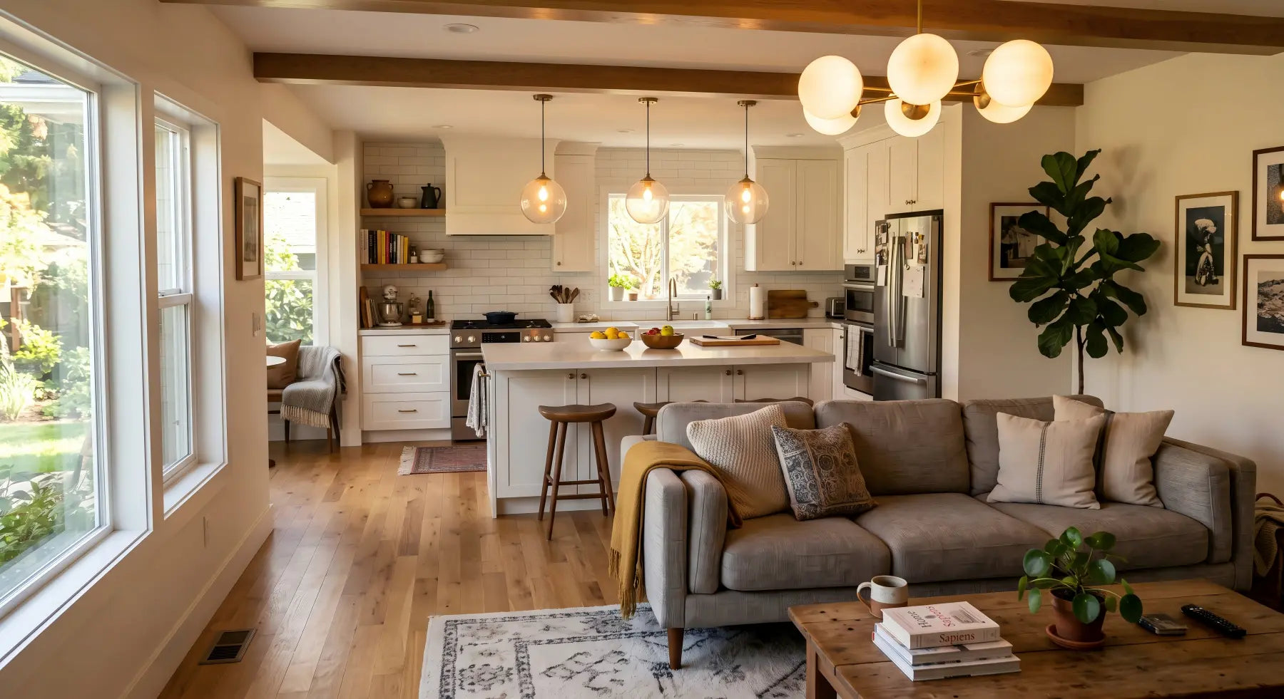 Modern open concept living room with an opal glass chandelier over the seating area and kitchen island pendants visible in the background