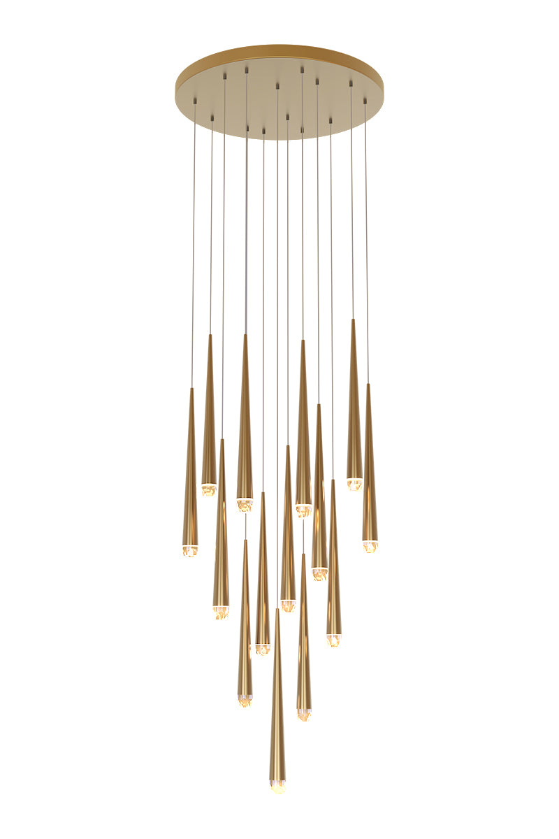 Modern cascade cone cluster pendant light with brushed brass metal shades hanging elegantly