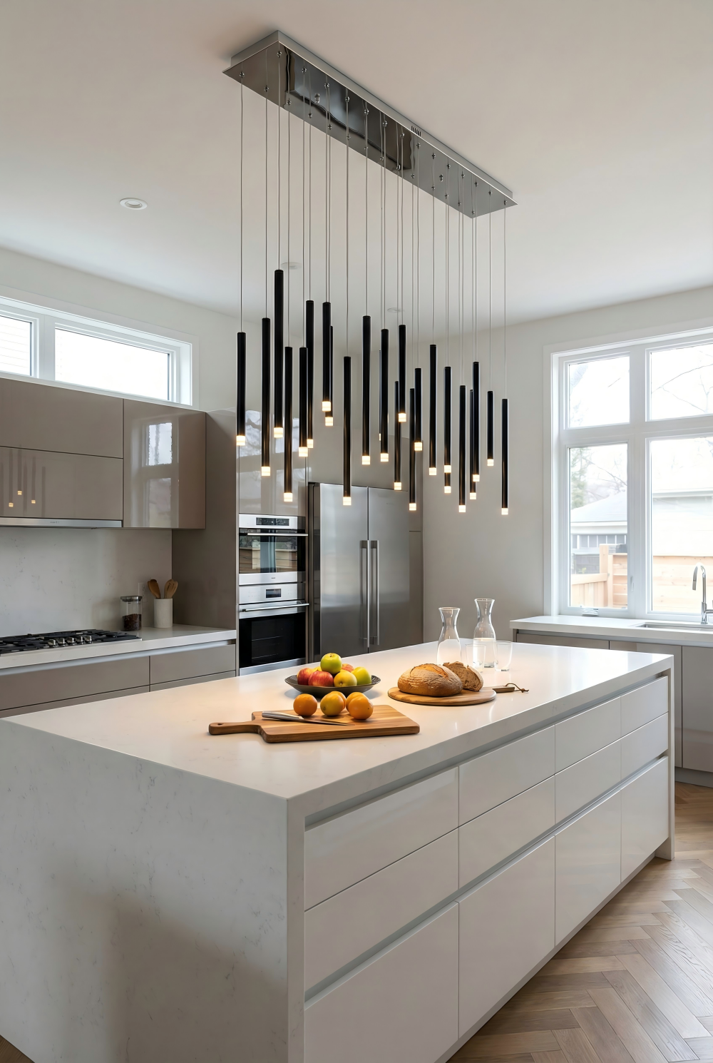Modern kitchen with a white island, stainless steel appliances, and decorative pendant lights.