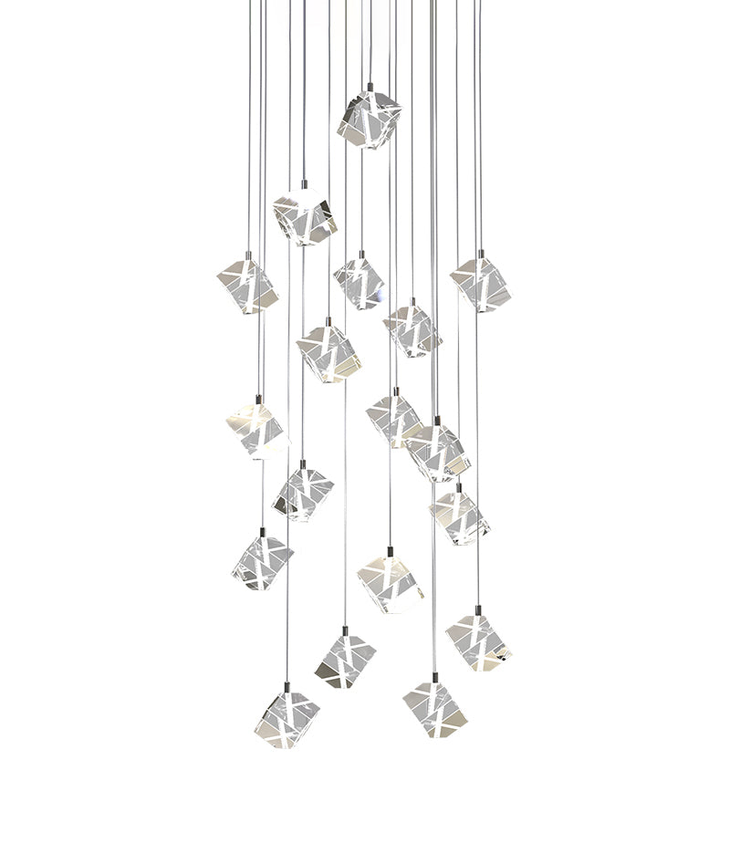 Side profile of the crystals and hanging cables of Aurorae Lighting's sleek modern crystal chandelier
