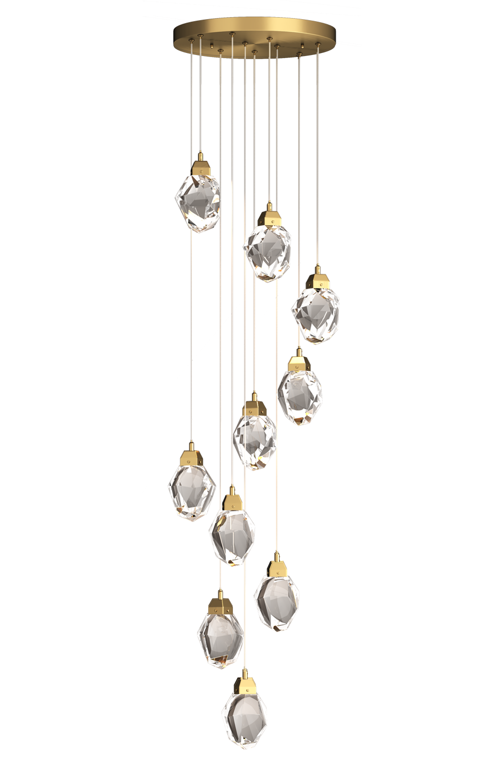 Aurorae Lighting modern K9 crystal pendant light with dazzling multi-layered crystals, hanging in a contemporary home space.