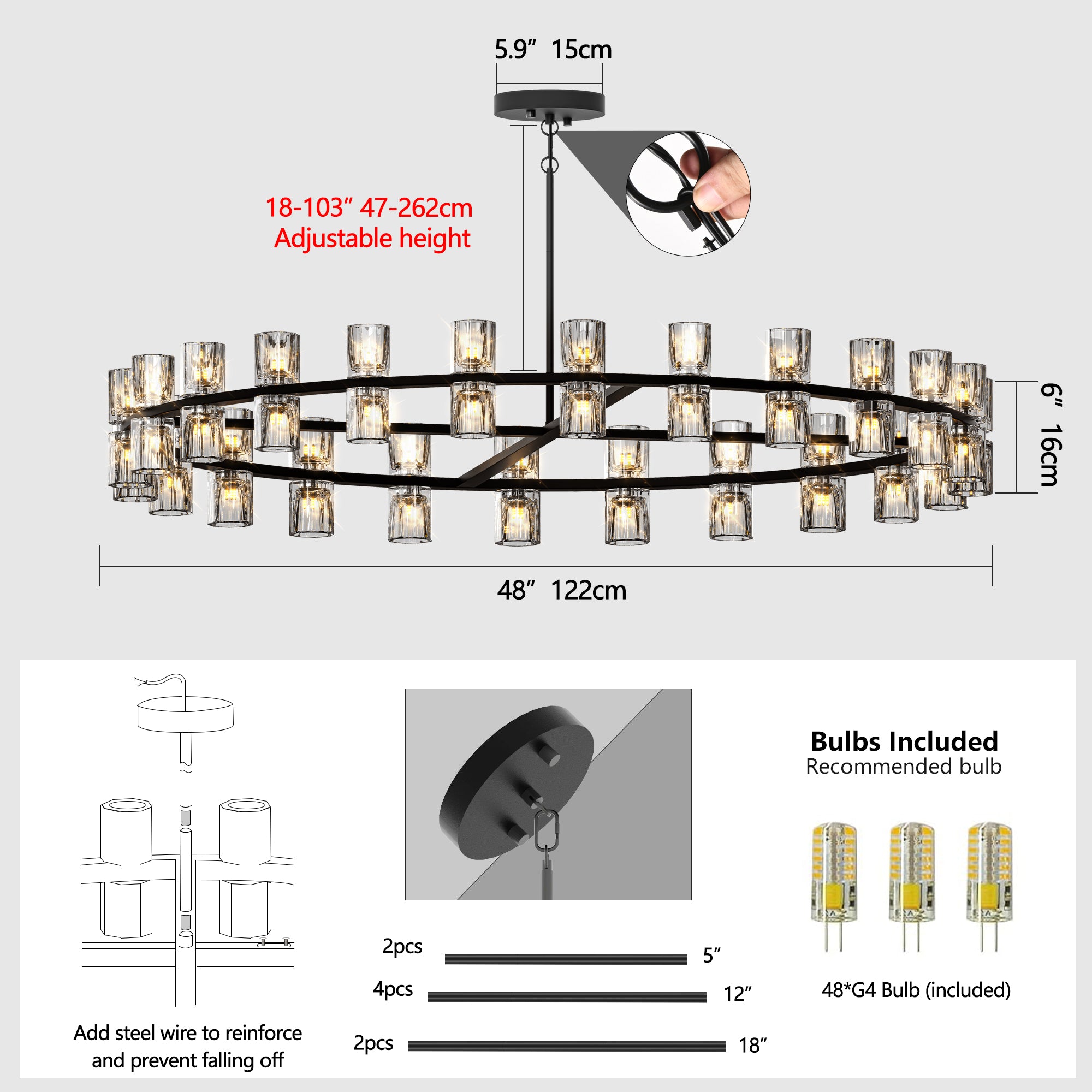 Chandelier with measurement details and bulb information on a white background
