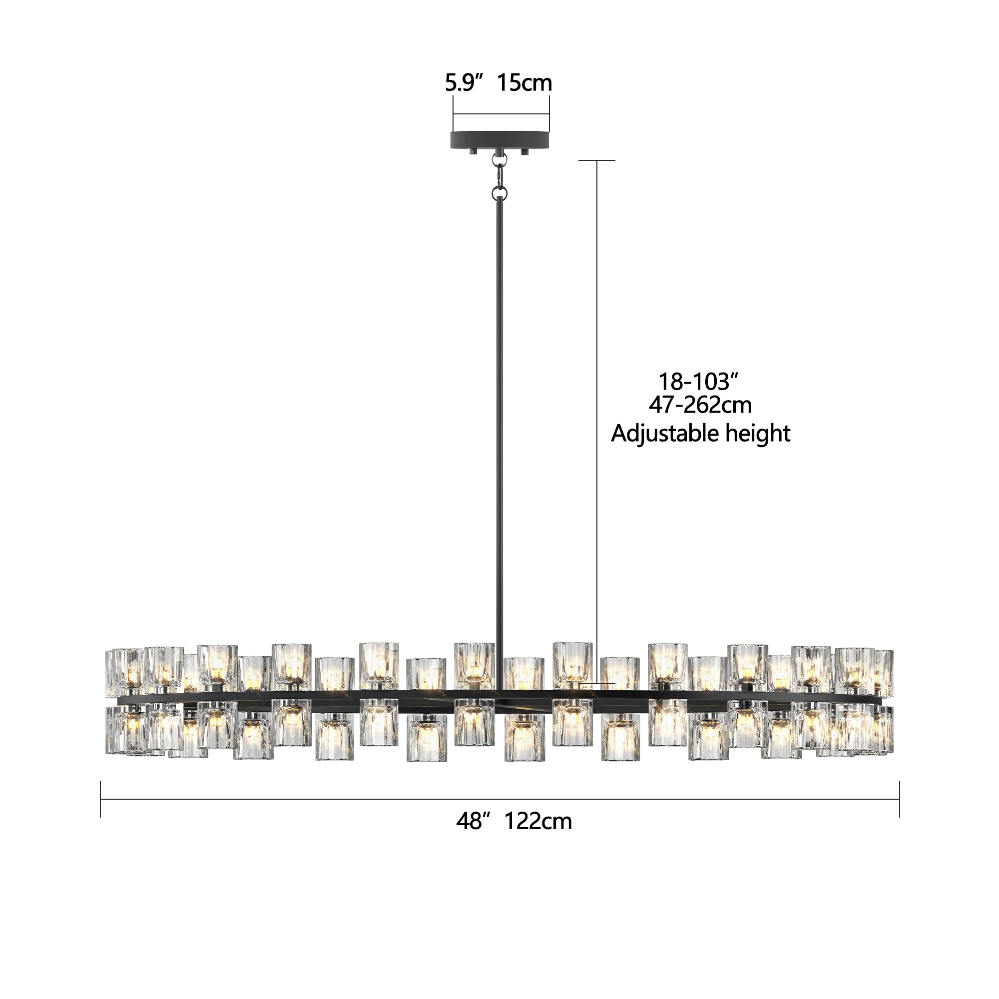 Chandelier with dimensions labeled on a white background