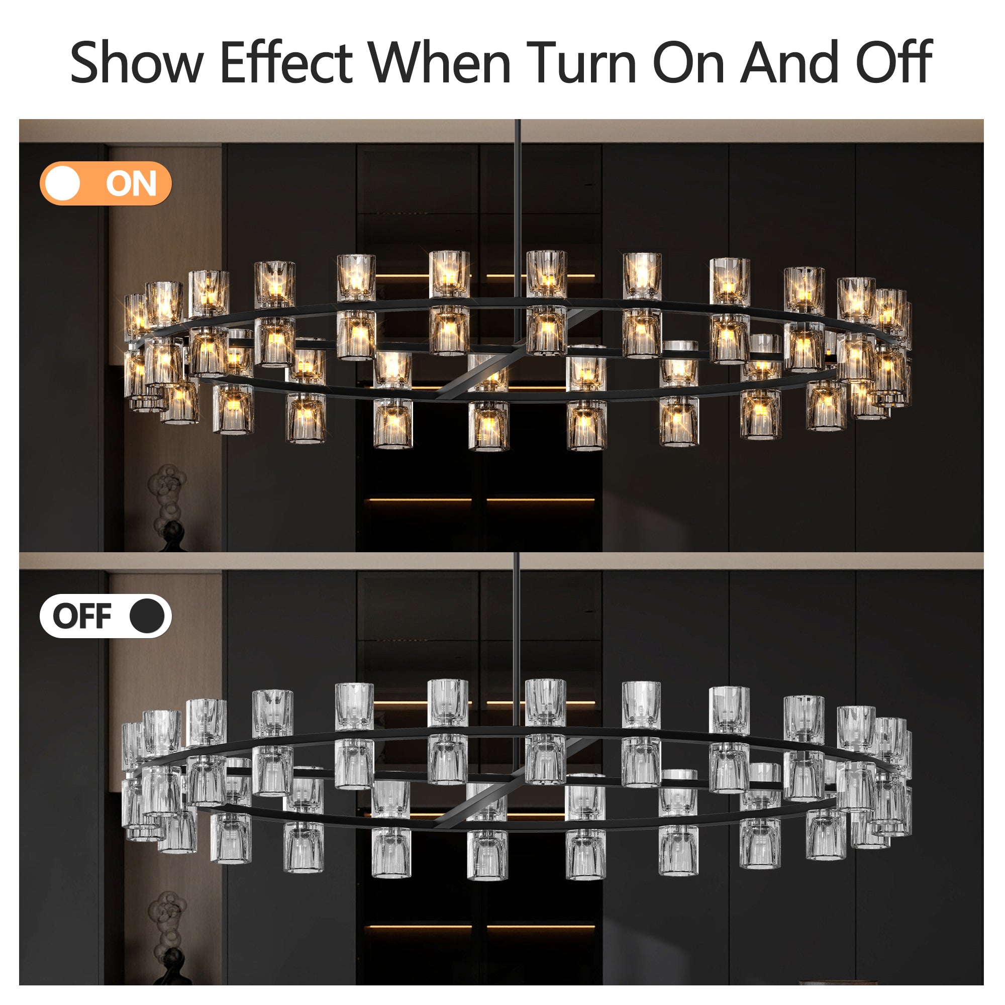 Chandelier shown in 'On' and 'Off' states with text indicating effect on/off.