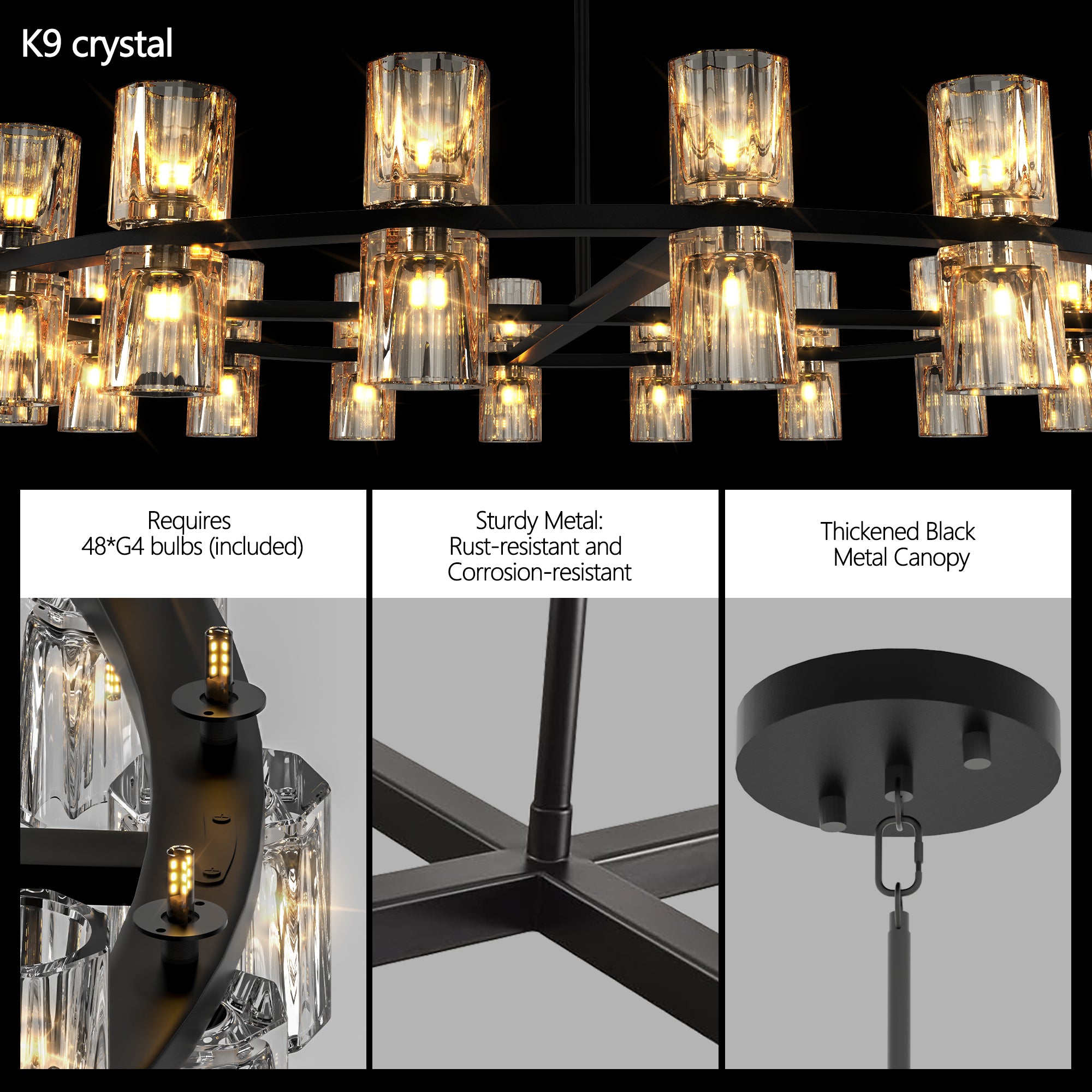 Chandelier with K9 crystal lights and black metal canopy, featuring text on bulb requirements and material properties.