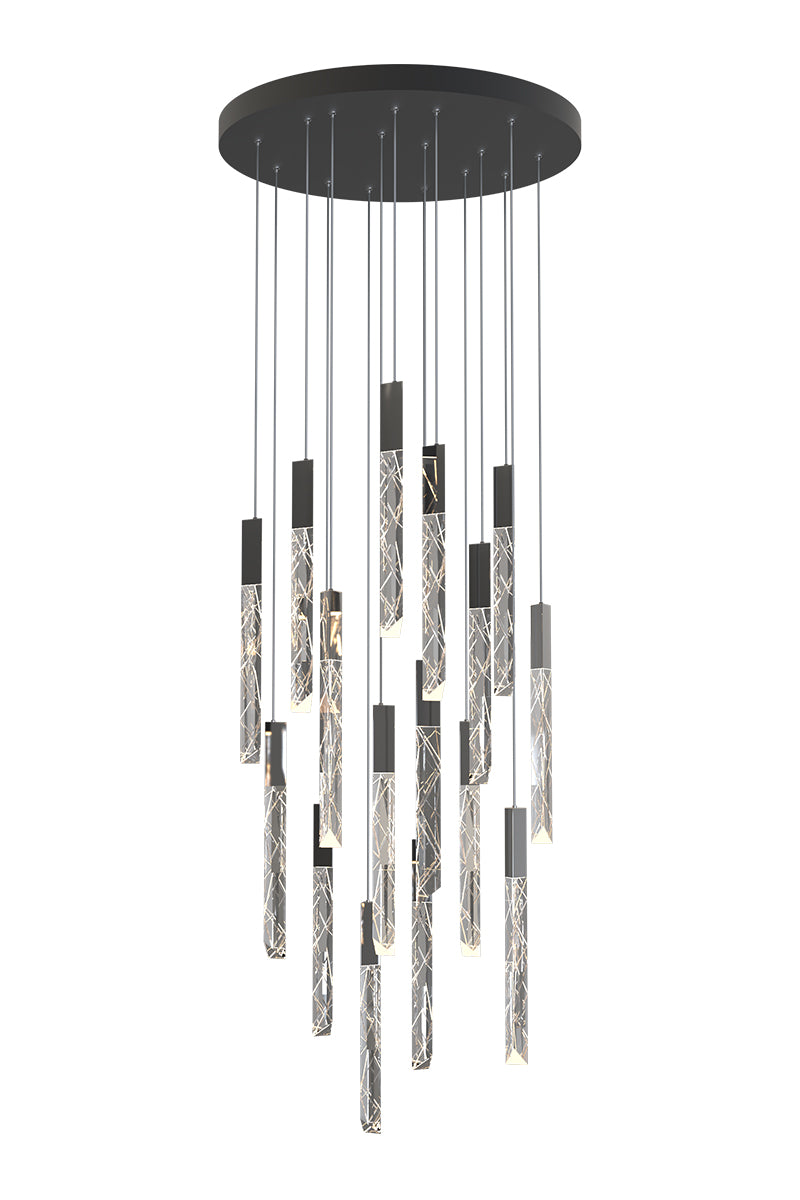 A chandelier with long, slim, clear glass tubes suspended from a circular canopy, with no visible light source within the glass tubes.