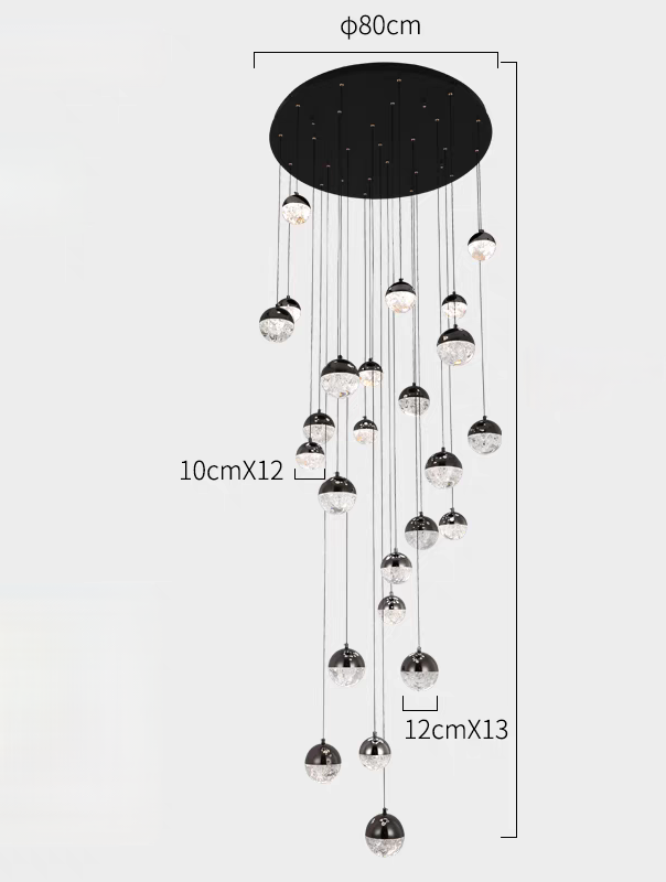 Chandelier with dimensions labeled on a white background