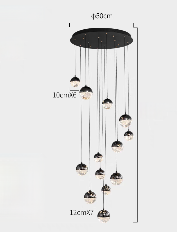 Chandelier with dimensions labeled on a white background