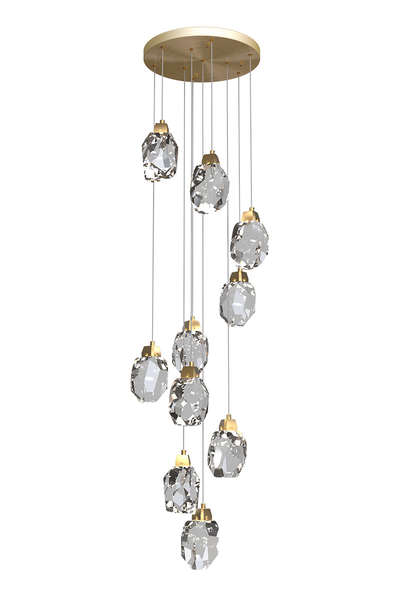 Elegant modern crystal pendant light illuminating a dining room, K9 crystals creating a warm and romantic dining atmosphere.