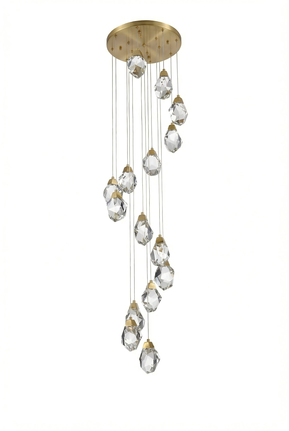 Artisanal K9 Crystal Spiral Chandelier for Foyer & Staircase with Brass Star Cascade Glow by Aurorae Lighting