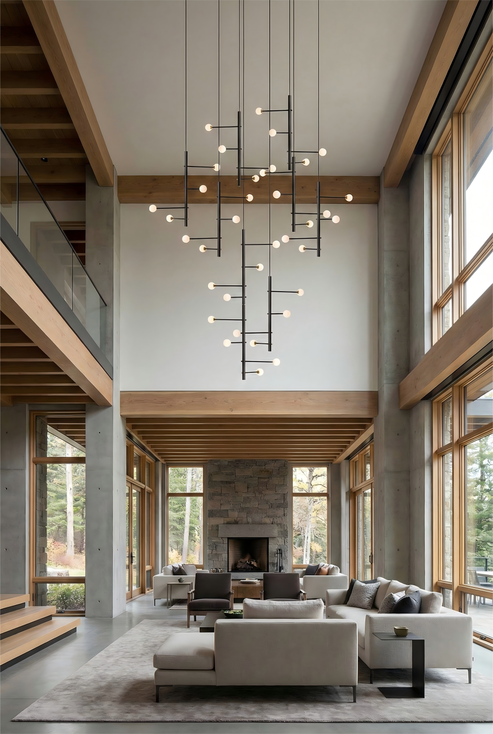 Modern living room with high ceilings, large windows, and a chandelier.