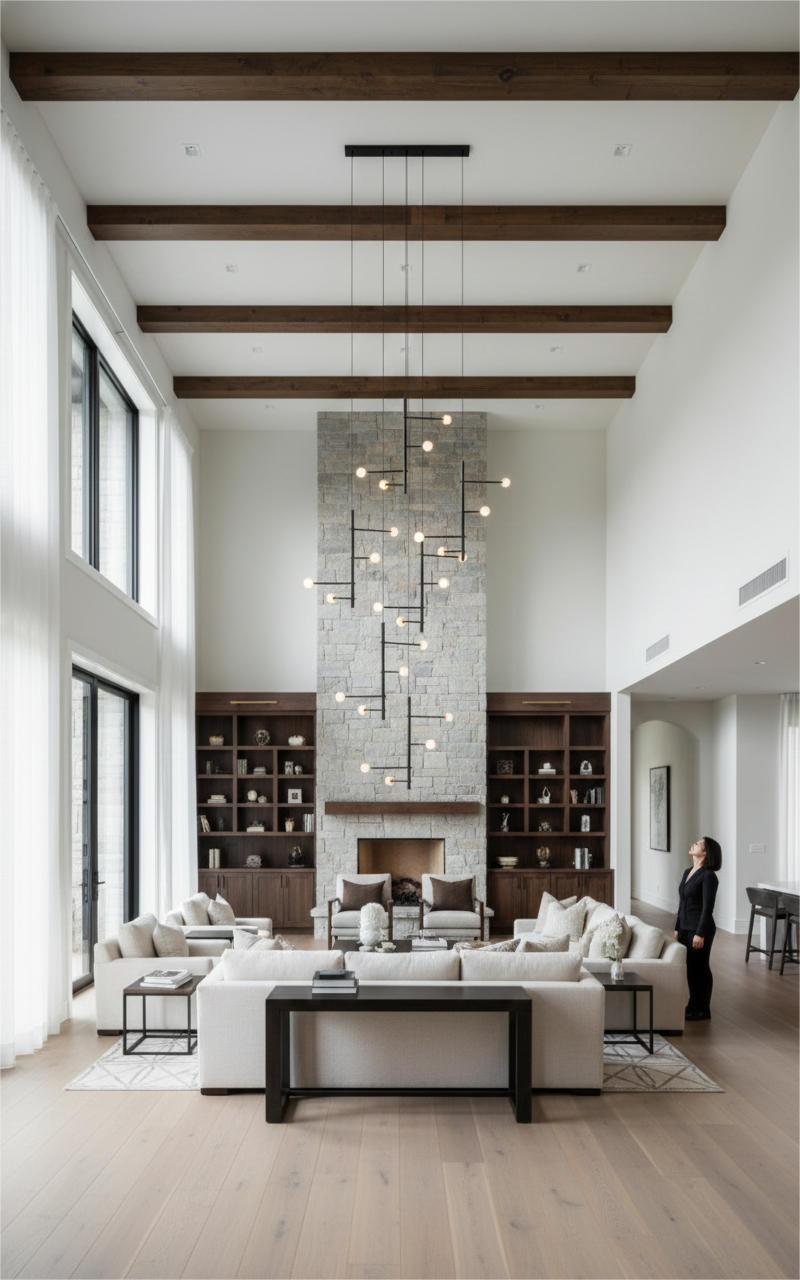 Modern living room with high ceilings, wooden beams, and a fireplace.