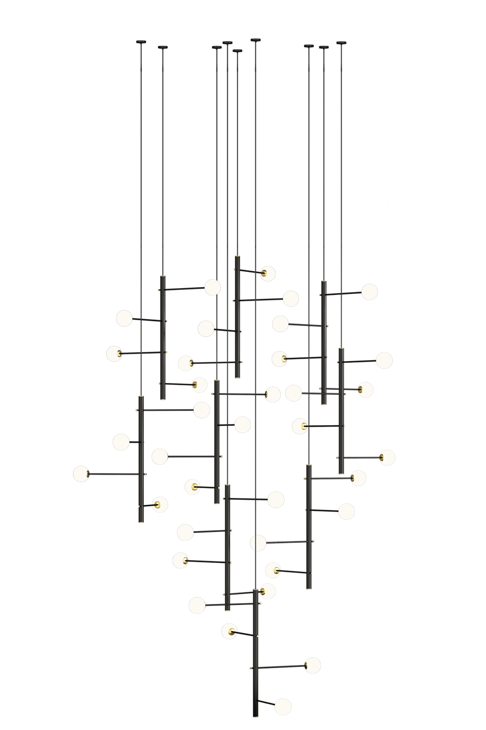 Black multi-arm chandelier in a studio setting, featuring a linear cascade of multiple opal glass globes.