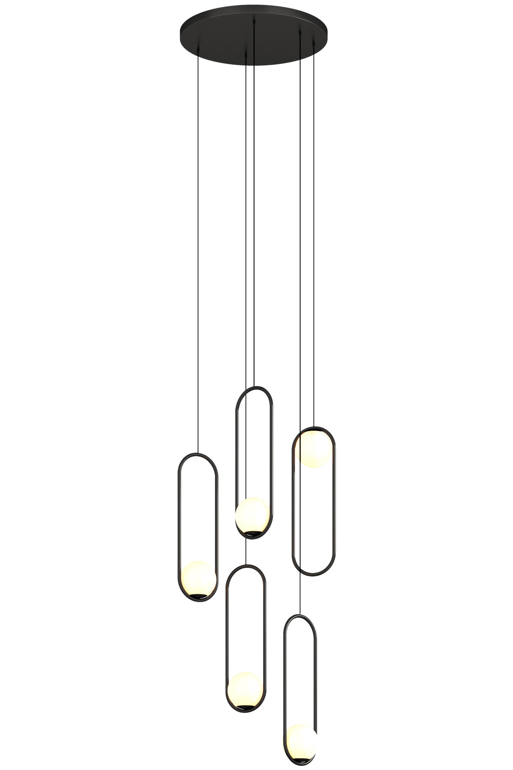 Angled view of Aurorae Lighting's LED opal glass chandelier highlighting its form