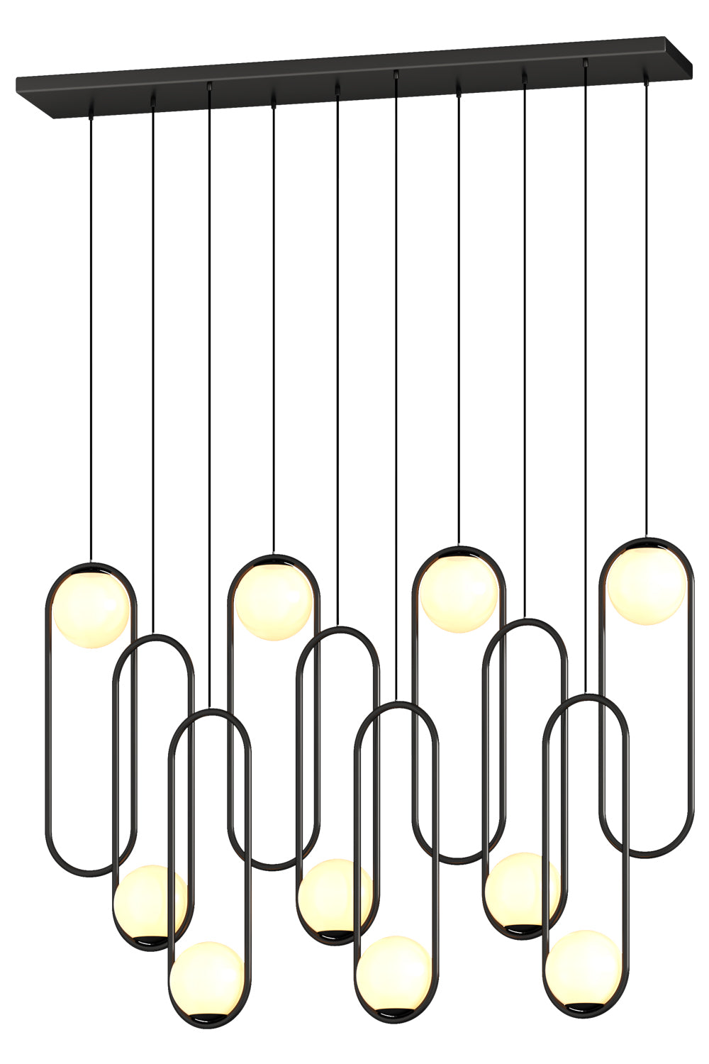 Aurorae Lighting linear modern LED chandelier with 10 opal glass shades over a dining table
