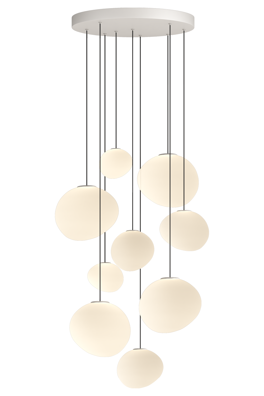 Close-up of pebble-shaped glass shades with warm LED glow