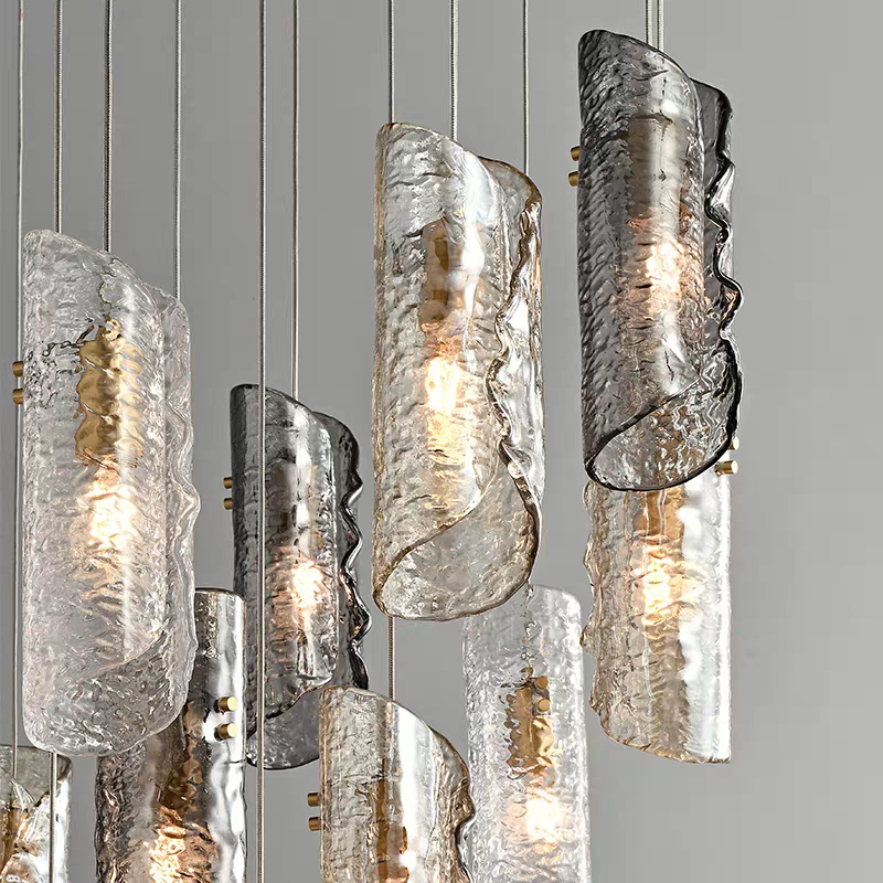 Close-up of textured glass shade on Aurorae Lighting chandelier