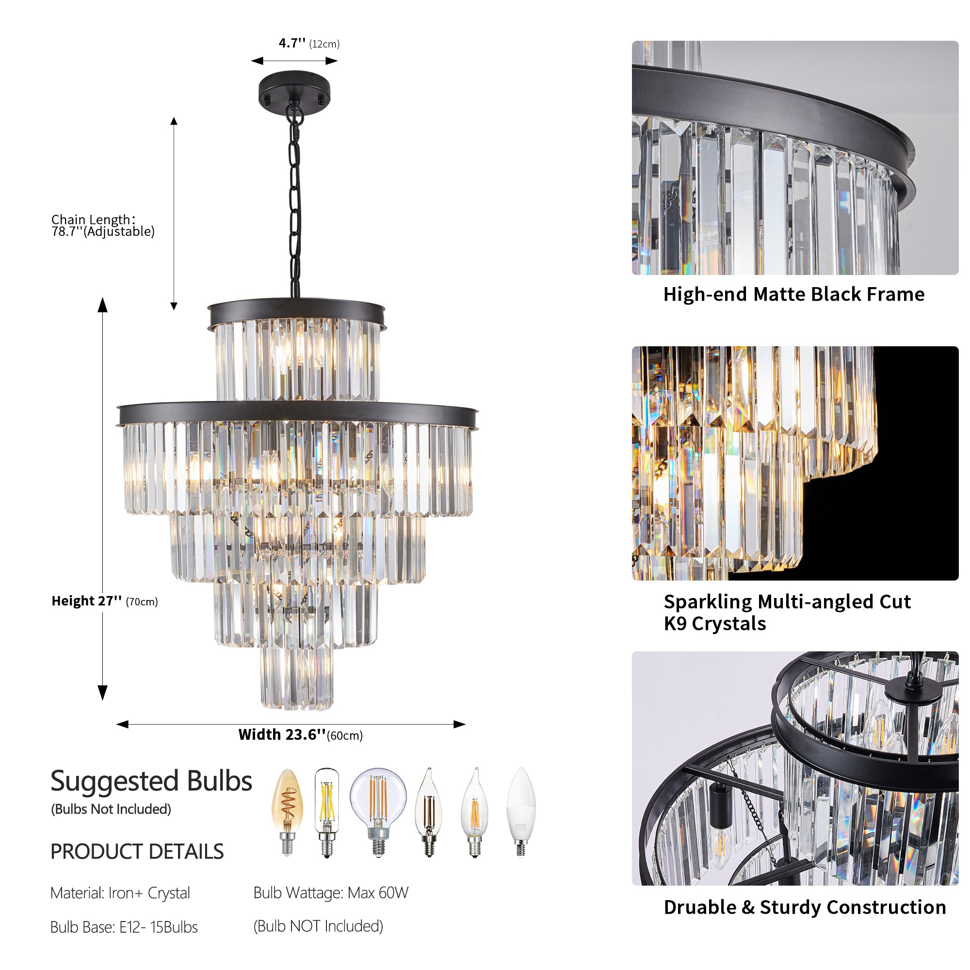Chandelier with measurements and features highlighted