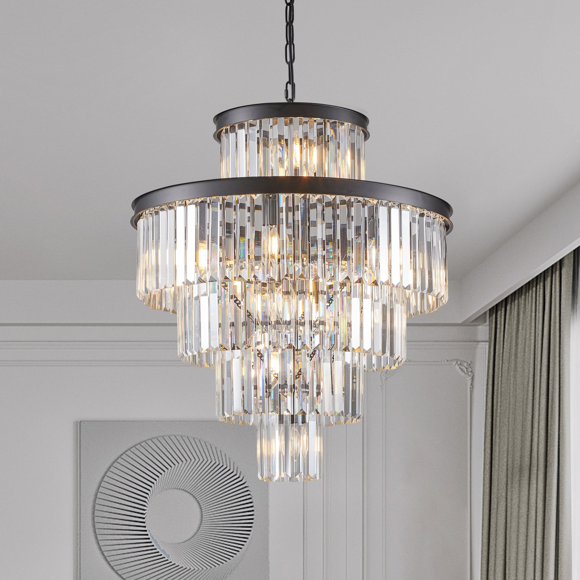 Chandelier hanging in a room with a neutral color scheme