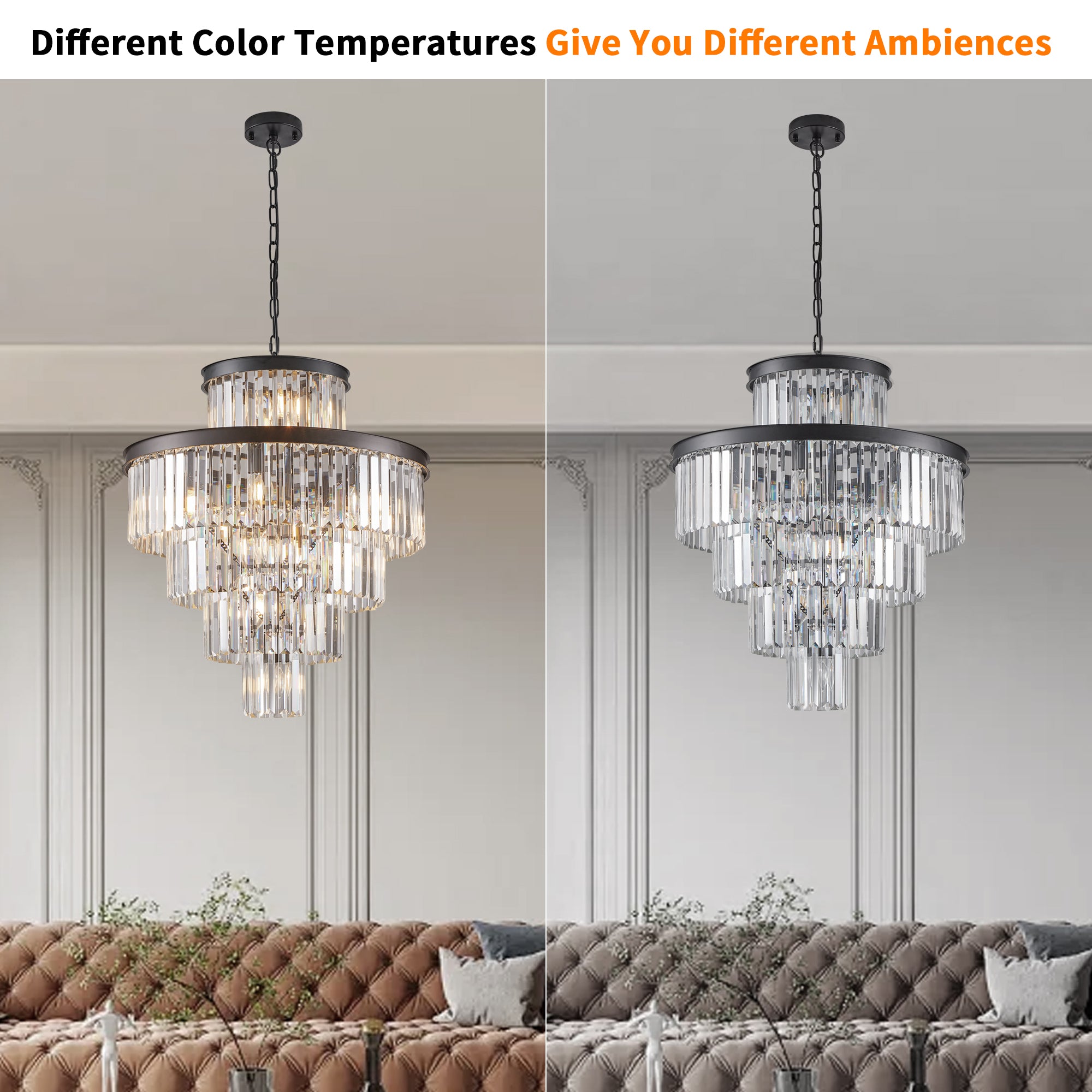 Chandelier in two different color temperature settings in a room with a sofa.