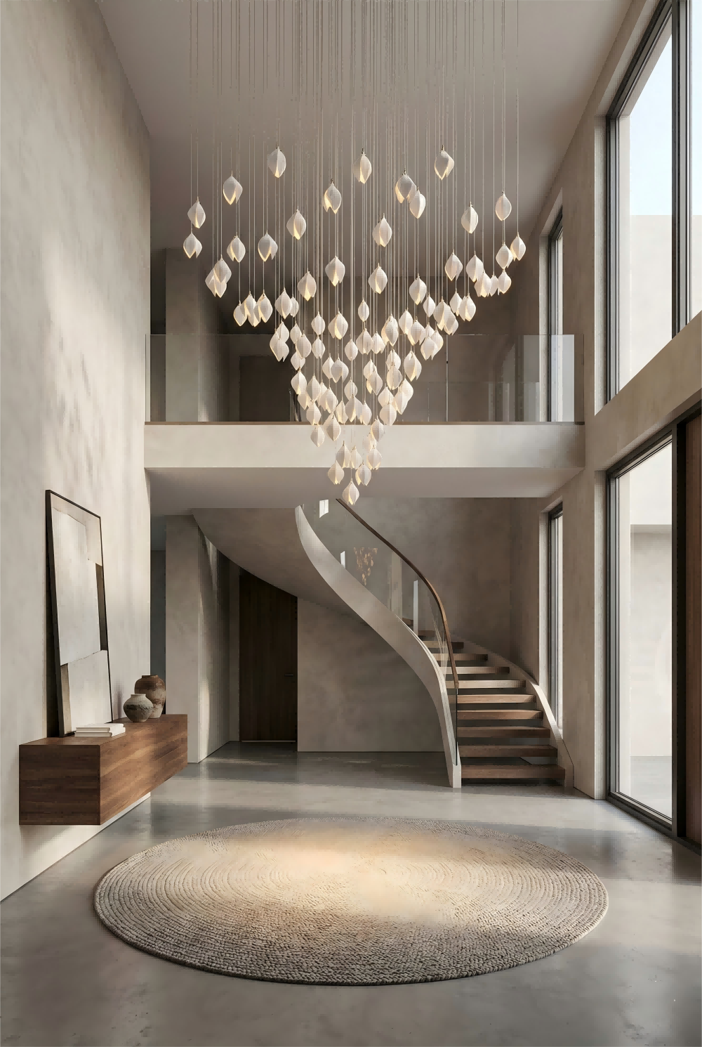 Modern interior with a chandelier, staircase, and large windows.
