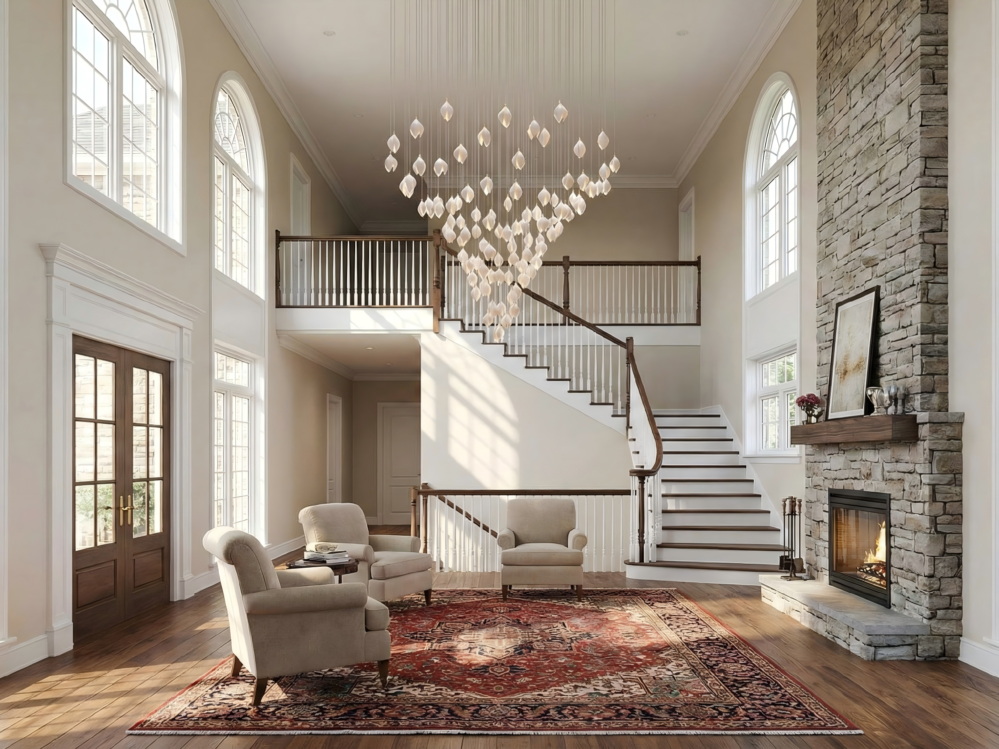 Luxurious living room with staircase, chandelier, and stone fireplace.