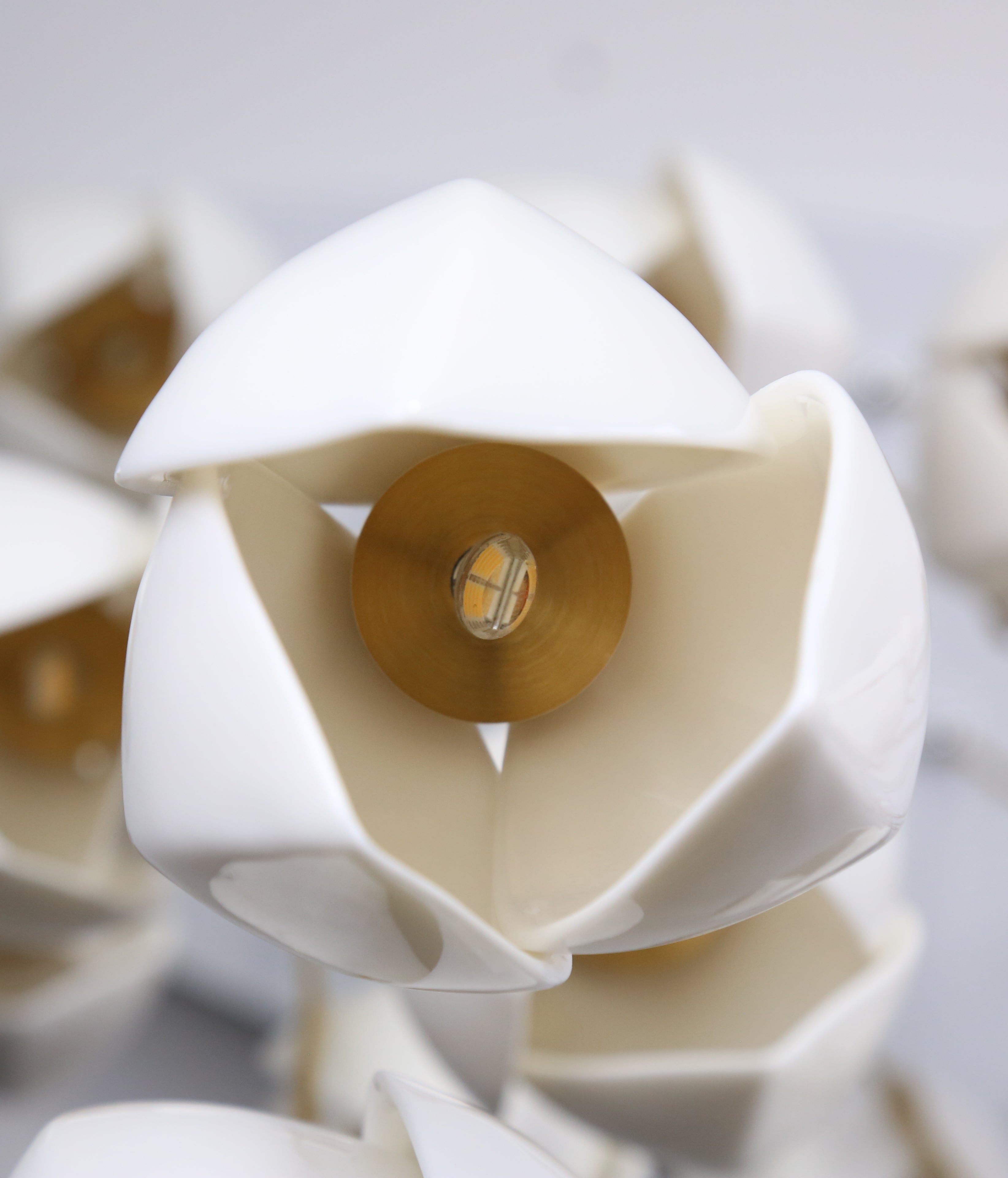 Close-up of ceramic bloom shades on Cluster Bloom Chandelier