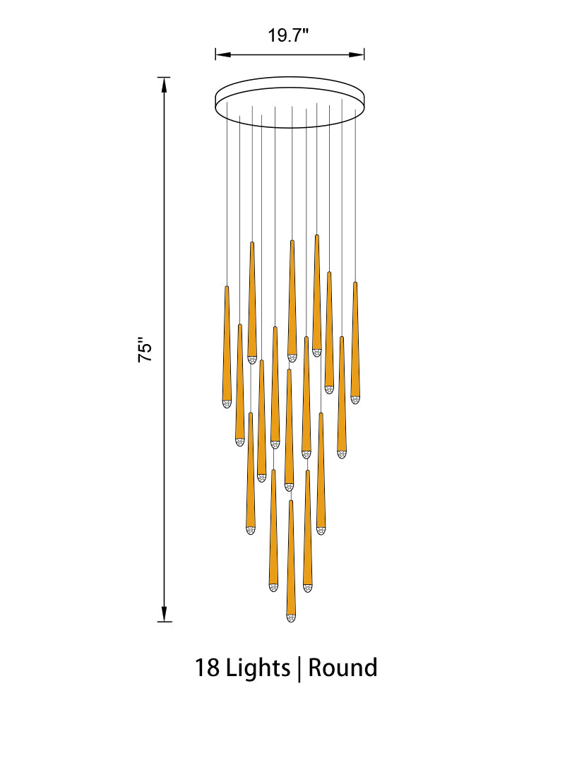 Angled view showcasing the dynamic staggered arrangement of brushed brass cascade cone pendant light