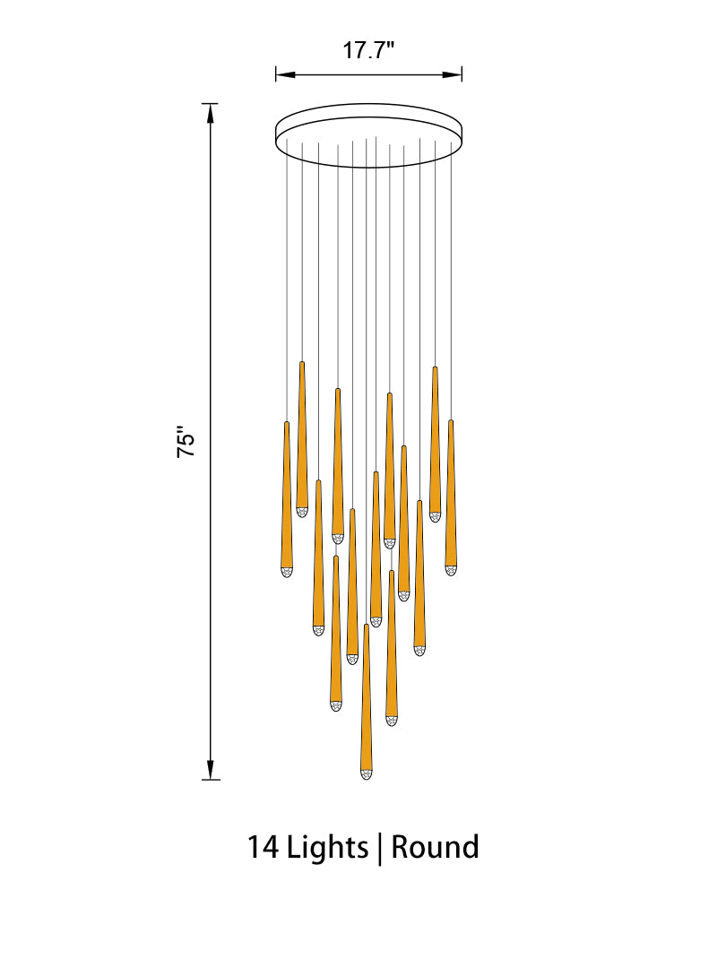 Multi-light cascade cone pendant fixture illuminating a spacious kitchen island with high ceiling