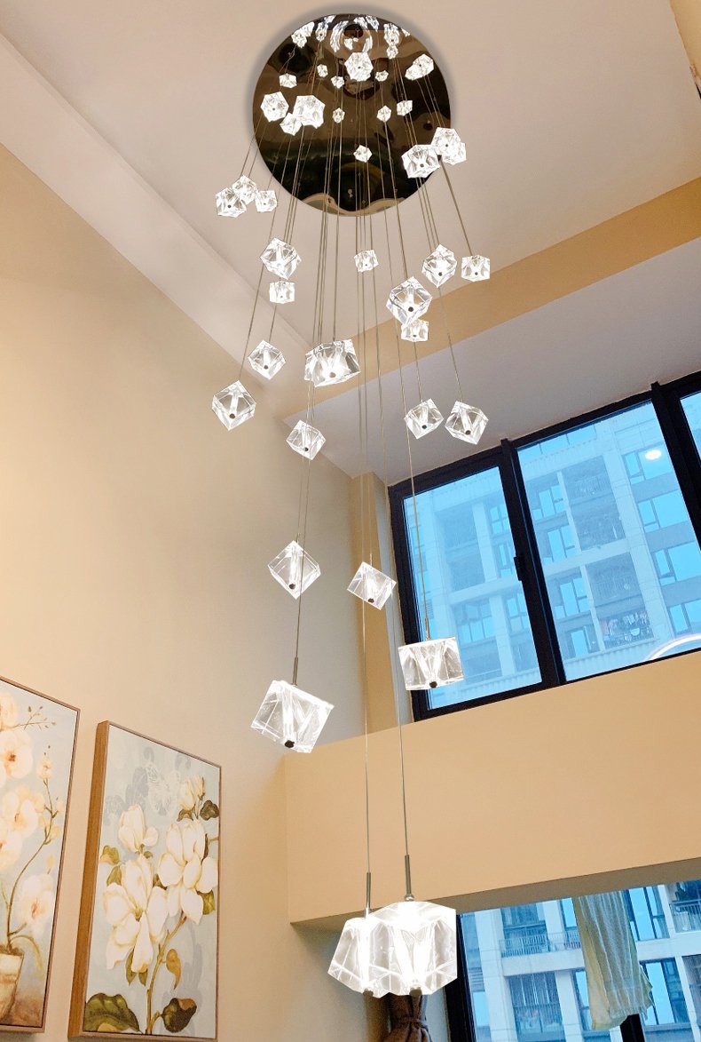 Ceiling mount and suspension for Aurorae Lighting's modern crystal LED fixture