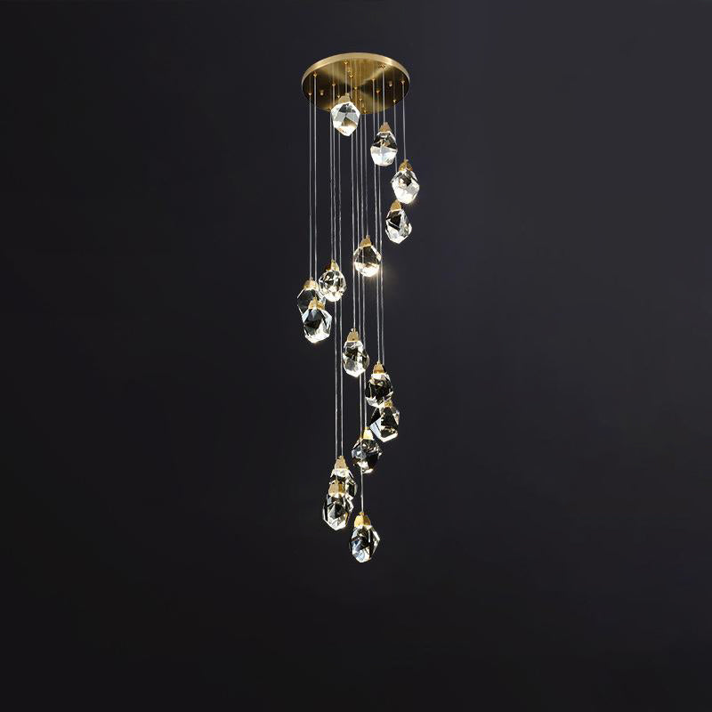Modern K9 crystal pendant light unlit, showcasing its exquisite metal craftsmanship and crystal arrangement aesthetics.