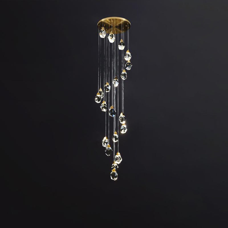Looking up at the modern crystal pendant light, layered K9 crystals shine like a galaxy, by Aurorae Lighting.
