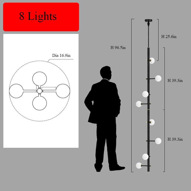 Specifications and dimensions for the 8-light black multi-arm opal glass chandelier.