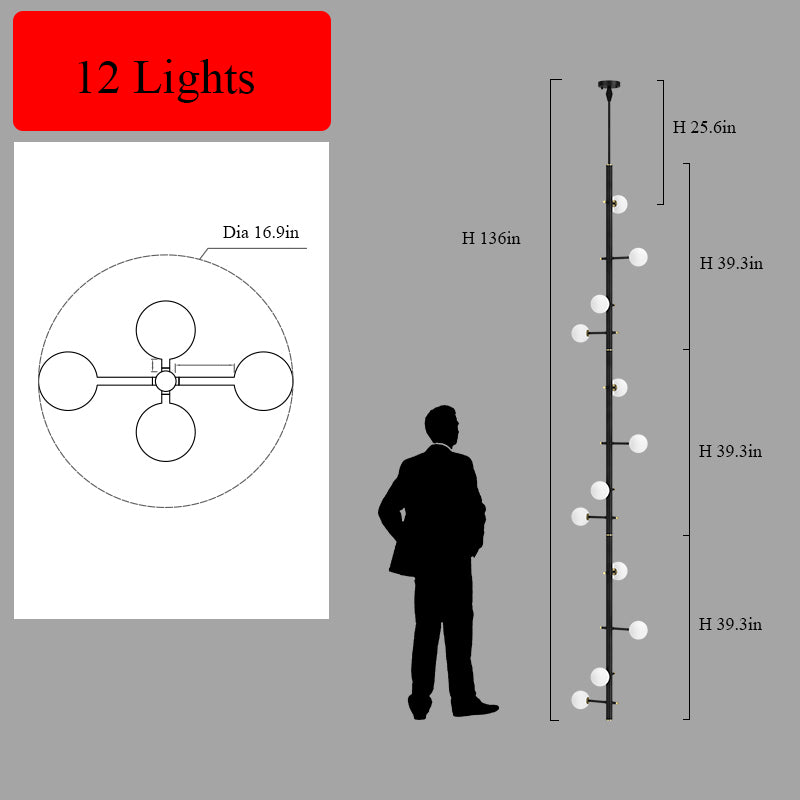 Technical drawing and measurements for the 12-light black multi-arm opal glass chandelier.