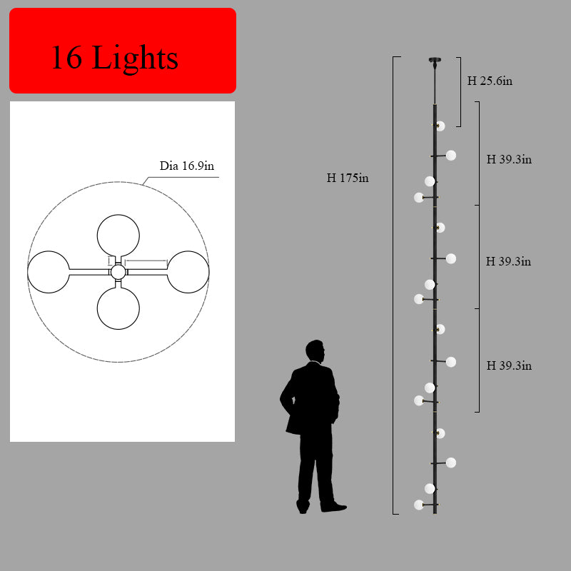Dimensional details for the 16-light black multi-arm opal glass chandelier.