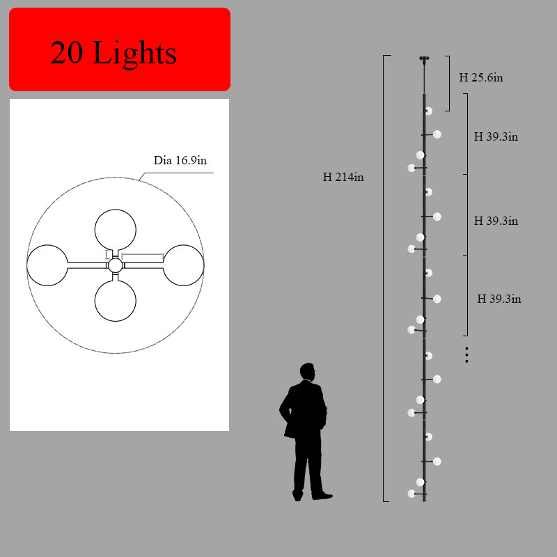 Specifications for the 20-light black multi-arm opal glass chandelier, including dimensions.