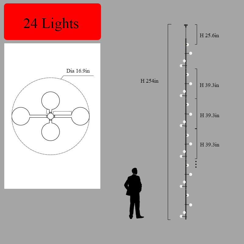 Specifications for the 24-light black multi-arm opal glass chandelier, including dimensions.