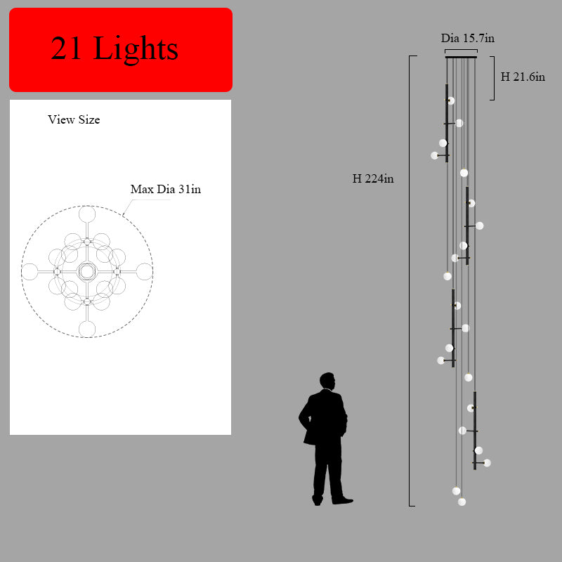 Dimensional drawing of the 21-light black multi-arm opal glass chandelier with specifications.