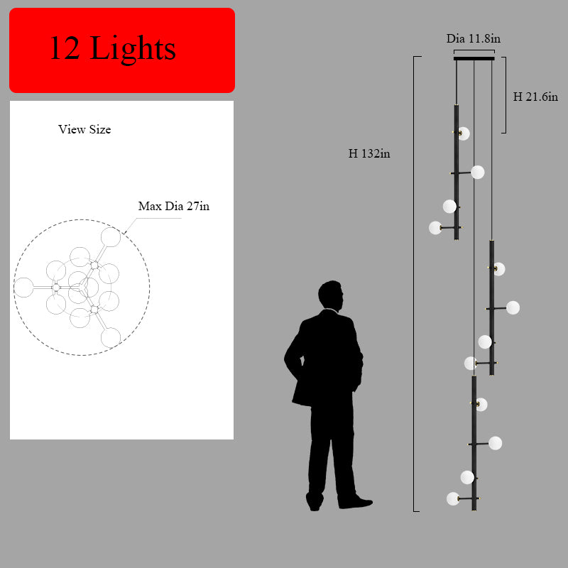 Diagram illustrating the 12-light black multi-arm opal glass chandelier with measurements.