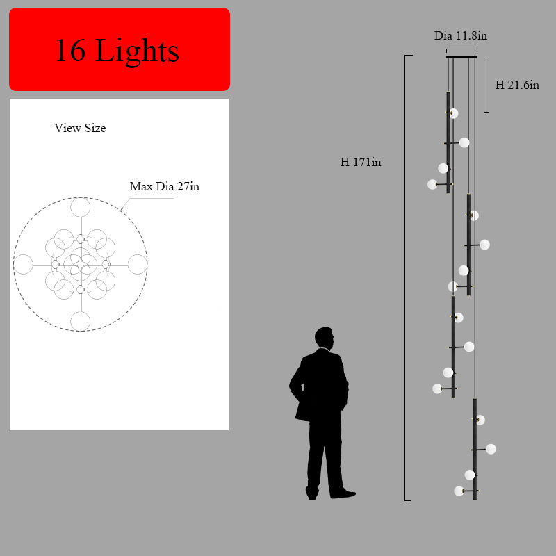 Dimensions and layout for the 16-light (Style A) multi-arm opal glass chandelier.