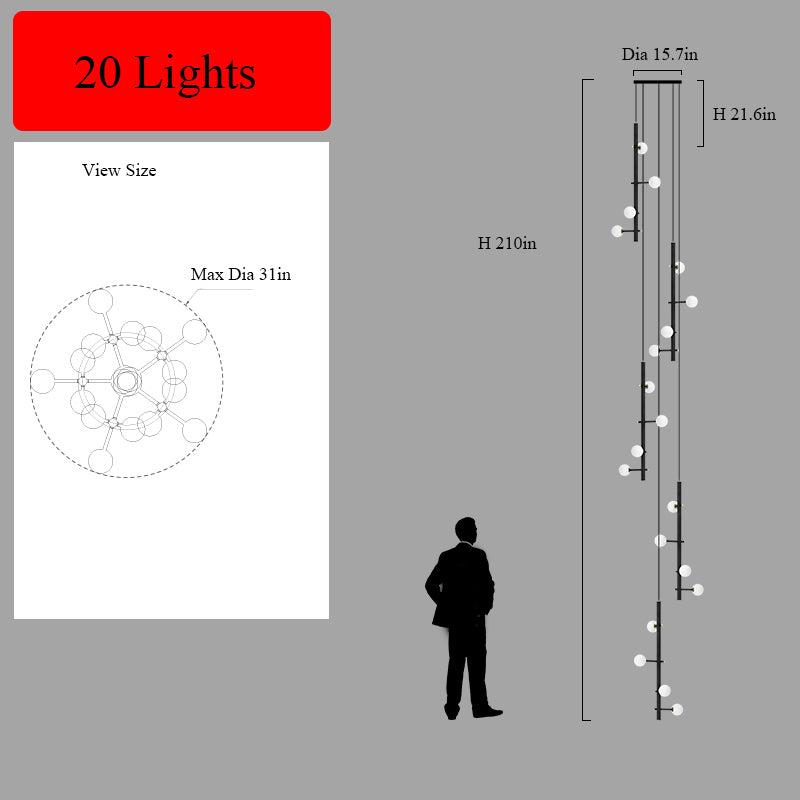 Technical drawing and measurements for the 20-light multi-arm opal glass chandelier.