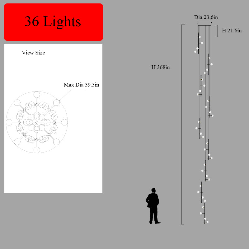 Dimensions and layout for the 36-light black multi-arm opal glass chandelier.
