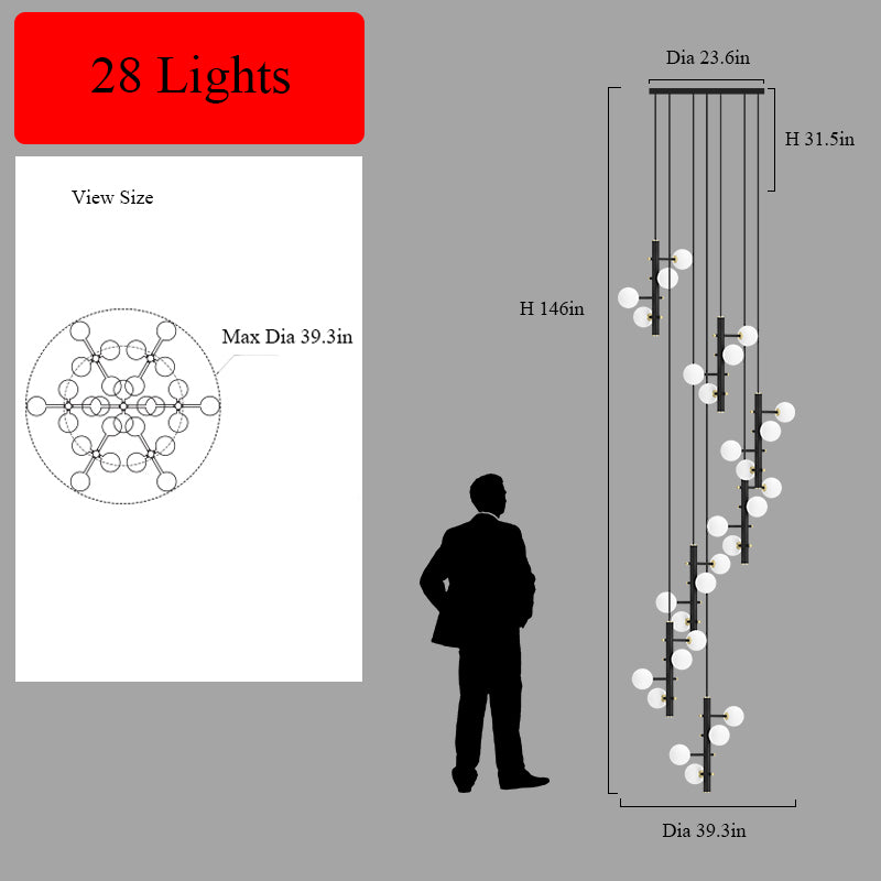 28-light multi-arm opal glass chandelier technical specifications, including dimensions and layout.
